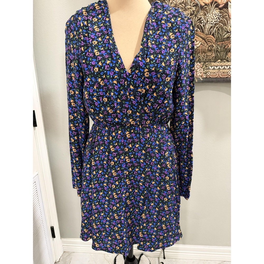 Zara Dress NWT Womens XS Black Floral V Neck Long Sleeve Wrap Mini Lined Party D